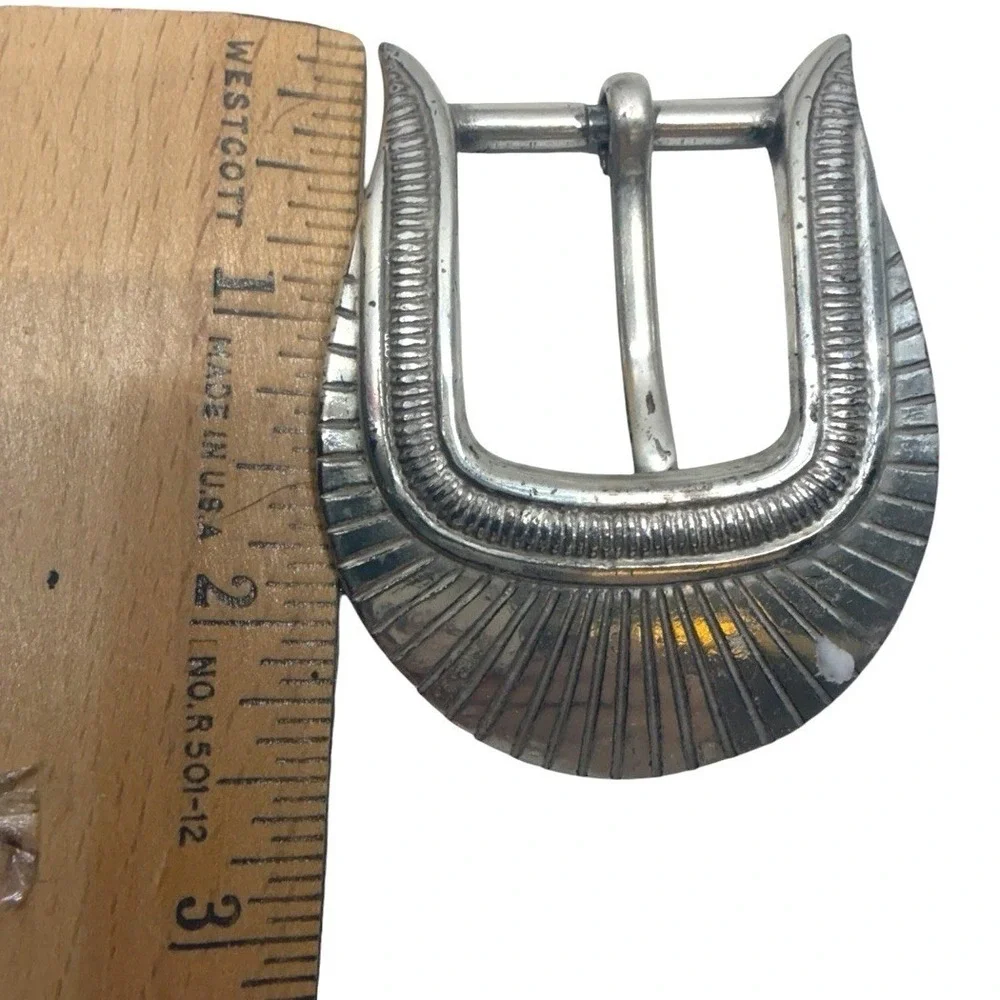 Vintage TANMAN 1989 Silver Tone Western Belt Buckle Sunburst Engraved 1.5